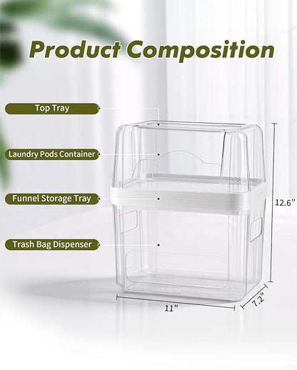 iCASA Trash Bag Dispenser Dishwasher Pod Organizer, 3 in 1 Grocery Garbage Bags Holder Storage Box Clear Laundry Room Pods Dishwasher Tab Cleaner Tablets Container Pantry Kitchen Under Sink Organizers - Image 3