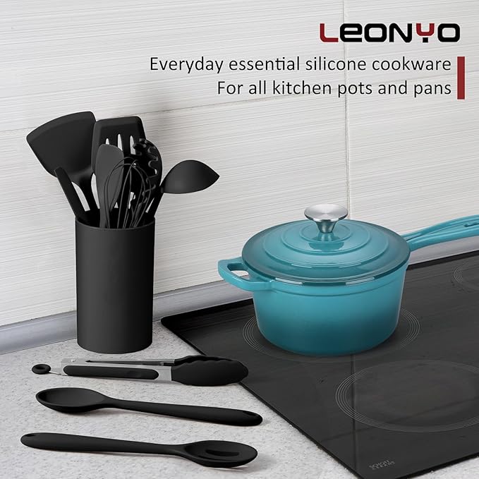 Silicone Cooking Utensils Set of 10, Leonyo Black Kitchen Utensils Set for Cooking, 446°F Heat Resistant Silicone Kitchen Tools with Turner Spatula, Soup Ladle, Serving Spoons for Nonstick Cookware