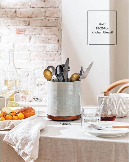 Utensil Holder, 360° Rotating Extra Large Ceramic Kitchen Utensil Holder for Countertop, 7.3" Cooking Utensil Crocks with Rotatable Wooden Base, Farmhouse Decor, Dusty Gray - Image 6