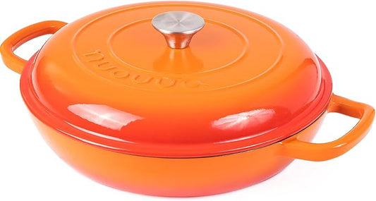 Shallow Cast Iron Casserole with Lid – Non Stick Dutch Oven Pot, Oven Safe up to 500° F – Sturdy Ovenproof Stockpot Cookware – Enamelled Cooking Pot – Orange, 3.7-Quart, 30cm – by Nuovva