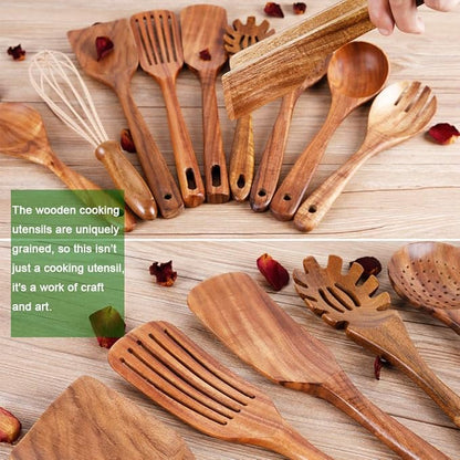 Kitchen Utenails Set with Holder,Kitchen Wooden Utensils for Cooking, Wood Utensil Natural Teak Wood Spoons for Cooking,Wooden Kitchen Utensil Set With Spatula and Ladle (11) - Image 4