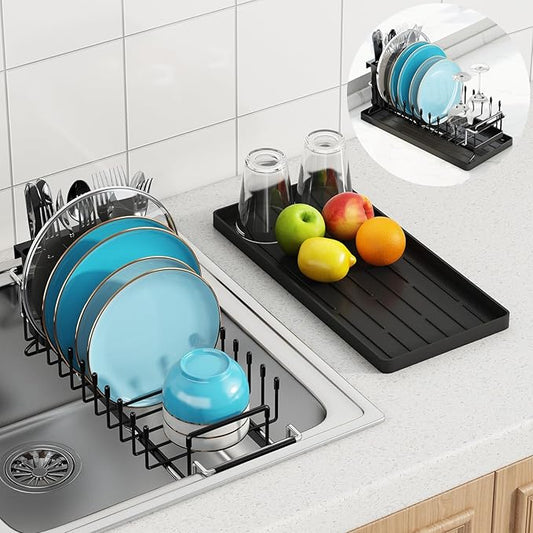 ANTOPY Sink Dish Drying Rack - Expandable Small Dish Rack Over Sinks with Silicone Drying Tray, Dish Drainer for Kitchen Counter with Cutlery Holder, Drying Rack Fit for 14’’-19’’ Kitchen Sink by ANTOPY
