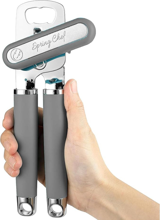 Spring Chef Stainless Steel Can Opener - Manual with Soft Grip Handles, Easy Turn, Heavy Duty Hand Can Openers for Seniors with Smooth Edge - Magnetic Lid Remover - Gray by SpringChef