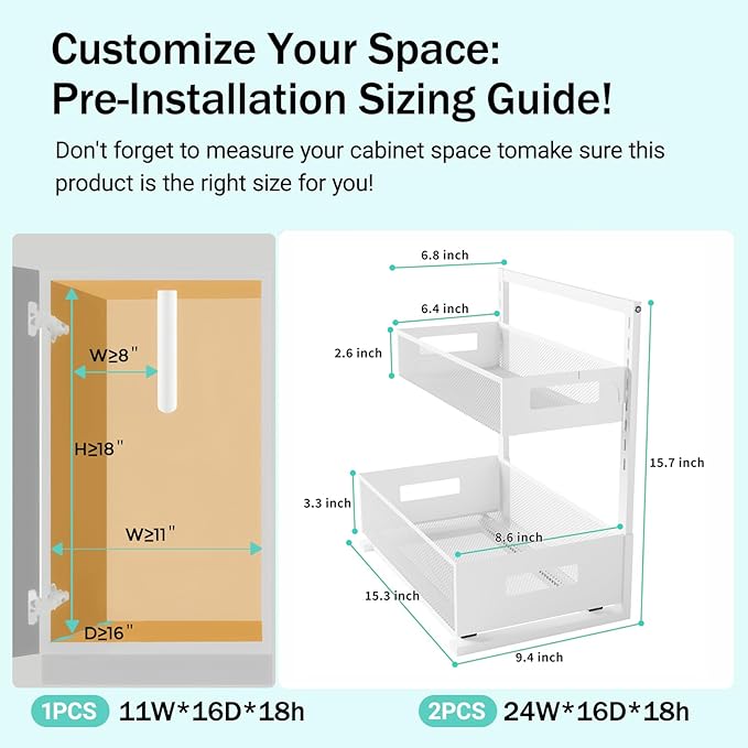Petiza Under Sink Organizer Adjustable Height 2 Tier Bathroom Organizer Pull Out Cabinet Organer kitchen organizers and storage fridge organizers and storage,White,XL-1 Pack - Image 2