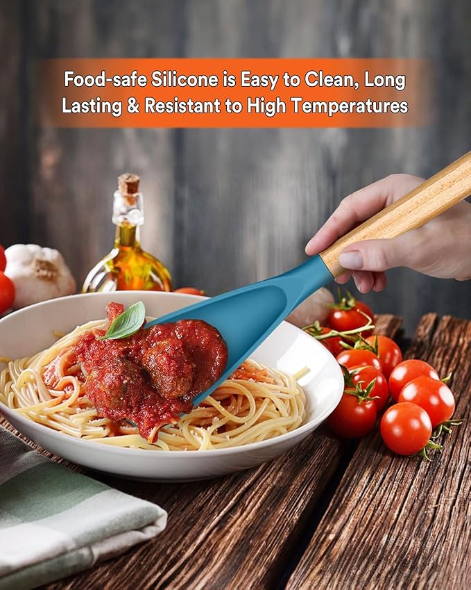 Cooking Spoon for Nonstick Cookwares, Great for Cooking and Serving Sturdy BPA-Free Matte Silicone, Wood Handle Spoon for Mixing, Scoop, and Scrape (Khaki & Turquoise, 13.4 inch) - Image 3