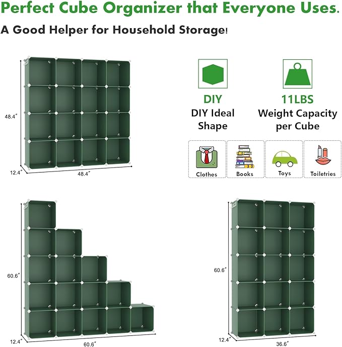 C&AHOME Cube Storage Organizer, 16-Cube Shelves Units, Plastic Storage Cubes, DIY Closet Organizer, Modular Closet Storage Shelves Ideal for Home, Bedroom, 48.4" L × 12.4" W × 48.4" H Green UPCS16GN - Image 2