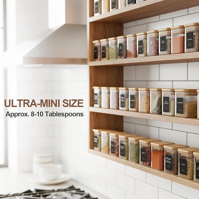 ComSaf Spice Jars with Label 4oz 16 Pack, Glass Spice Jars with Bamboo Lid, Mini Seasoning Containers with 54 Black Labels, Stackable for Kitchen, Pantry Organization, Loose Tea, Herbs, Powders, Salt - Image 4