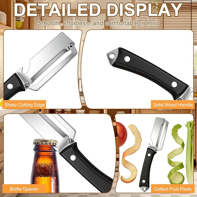 2PCS Premium 2-in-1 Vegetable Peeler with Wooden Handle, Stainless Steel Blade & Bottle Opener, Multi-Purpose Kitchen Tool for Apple, Potato, Pumpkin, Papaya & Various Fruits/Vegetables (Wood+Black) - Image 6