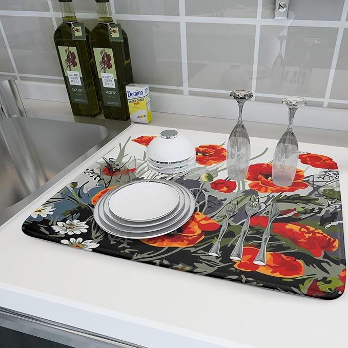 Giwawa Poppy Dish Drying Mat 18x24 inch for Kitchen Vintage Red Orange Floral Dish Drying Pad Oil Painting Flower Dish Drainer Mats Absorbent Microfiber Protector for Countertop Coffee Bar