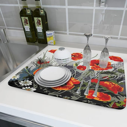 Giwawa Poppy Dish Drying Mat 18x24 inch for Kitchen Vintage Red Orange Floral Dish Drying Pad Oil Painting Flower Dish Drainer Mats Absorbent Microfiber Protector for Countertop Coffee Bar