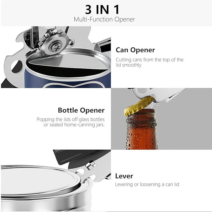 Can Opener,Professional 3-In-1 Multifunctional Manual Can Openers Bottle Opener,Kitchen Durable Stainless Steel Heavy Duty Can Opener Smooth Edge for Kitchen Seniors Friendly - Image 4