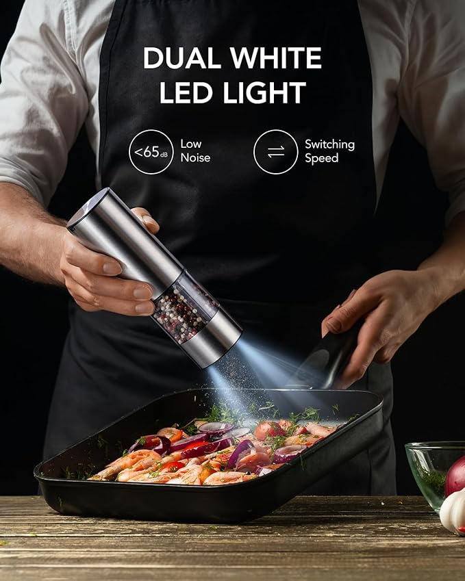 FORLIM Rechargeable Electric Salt and Pepper Grinder Set, Dual-Speed Control, Stainless Steel Automatic Salt & Pepper Mill with Dust Cover, 2 LED Lights, Adjustable Coarseness (2-Pack, Glossy Silver) - Image 5