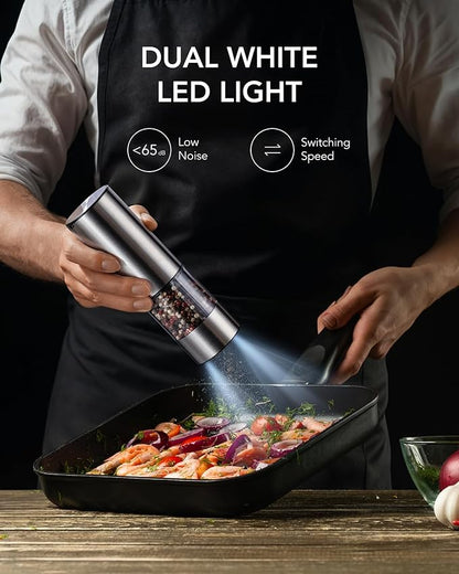 FORLIM Rechargeable Electric Salt and Pepper Grinder Set, Dual-Speed Control, Stainless Steel Automatic Salt & Pepper Mill with Dust Cover, 2 LED Lights, Adjustable Coarseness (2-Pack, Glossy Silver) - Image 5