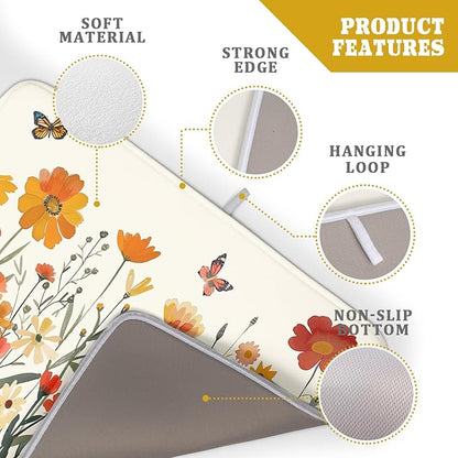 Fall Orange Wildflower Dish Drying Mat for Kitchen Counter,Autumn Floral Butterflies Drying Mat 18 x 24 Inch with Absorbent Reversible Microfiber Dish Drying Pad Dish Pad for Coffee Bar - Image 4