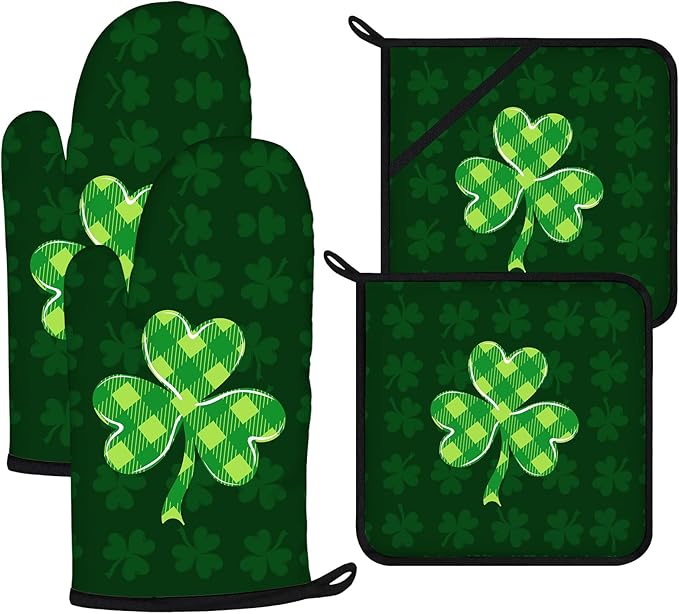 Green Clover Oven Mitts and Pot Holders Sets 4Pcs,Extra Long Oven Gloves Potholder for Kitchen Cooking Baking BBQ 100% Cotton Heat Resistant(St. Patrick's Day) by VisittheDuibelproduct