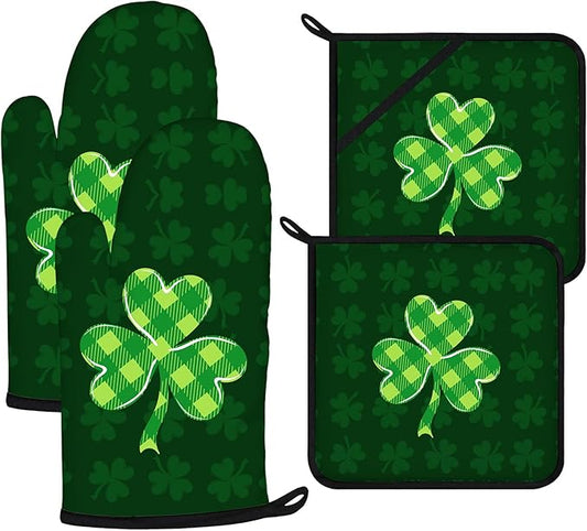 Green Clover Oven Mitts and Pot Holders Sets 4Pcs,Extra Long Oven Gloves Potholder for Kitchen Cooking Baking BBQ 100% Cotton Heat Resistant(St. Patrick's Day) by VisittheDuibelproduct