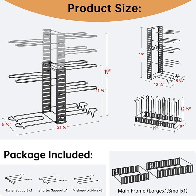 MUDEELA Pots and Pans Organizer Rack under Cabinet 8-Tiers Adjustable Pot Rack with 3 DIY Methods, Expandable 11.65'' to 19" Pot Lid Organizer for Kitchen Pantry Cabinet Organization and Storage - Image 3