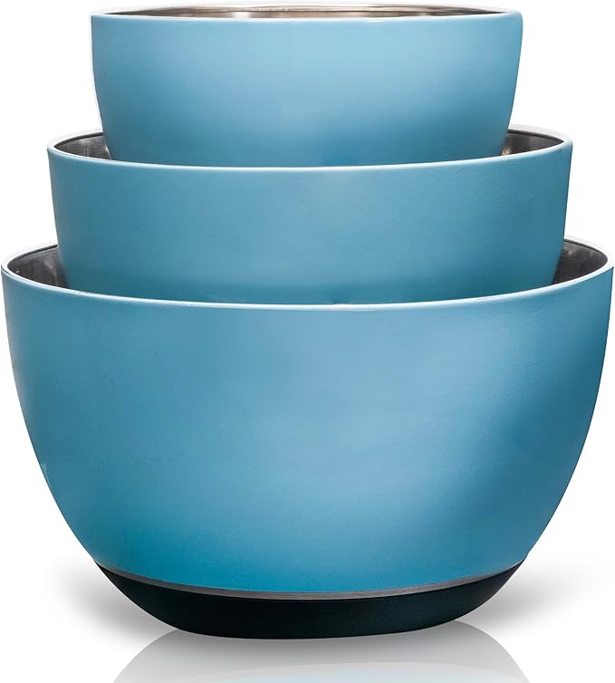 WHYSKO® Stainless Steel Mixing Bowls (Set of 3) with Non-Slip Silicone Base for Kitchen, Dishwasher Safe Bowls for Meal Prep, Cooking, Baking, Serving, Food Storage (Light Blue) by WHYSKO
