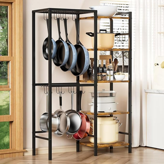 5-Tier Pot and Pan Organizer Rack with Hooks, Heavy-Duty Kitchen Storage Shelf for Cookware, Dishes, and Utensils, Freestanding Metal Pot Rack Organizer for Kitchen, Pantry, or Dining Room by OMISRUIS