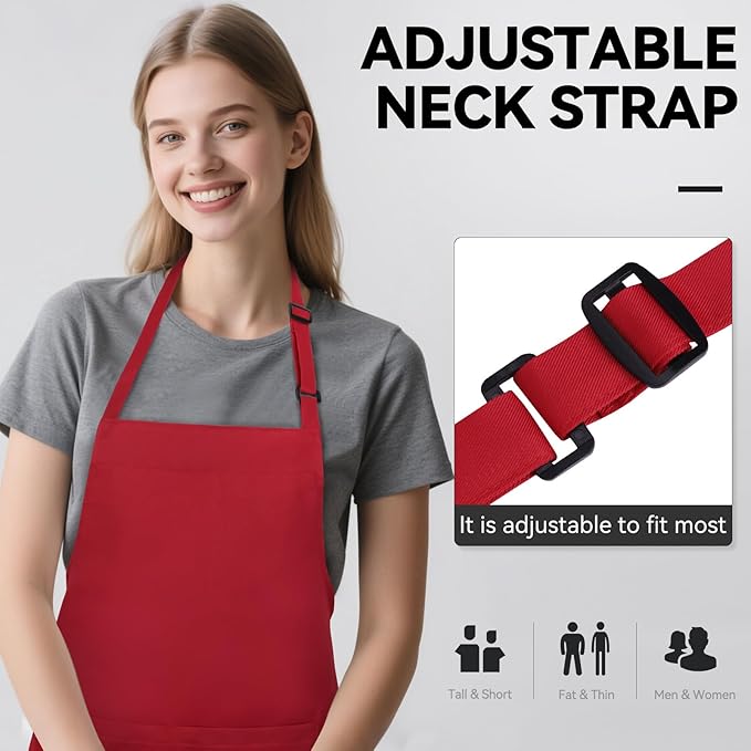 NLUS 2 Pack Kitchen Aprons with 2 Pockets for Women Men, Chef Aprons for Baking BBQ Cooking, Red - Image 4