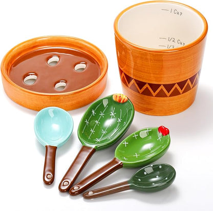 Coloch 5Pcs Ceramic Measuring Spoons in Pot, Cactus Shape Baking Measuring Spoons and Cup Decorative Cactus Figurine Measuring Spoon Set for Baking, Milk, Sugar, Salt - Image 5