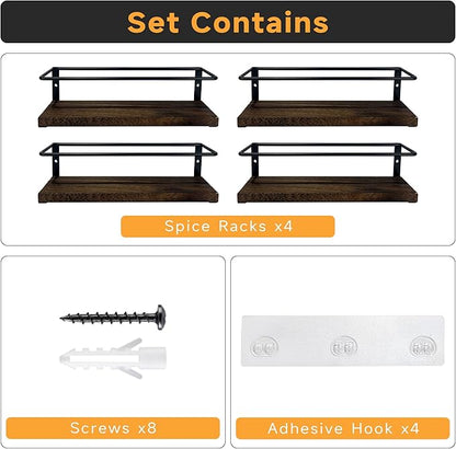 4-Tier Wall Mount Spice Rack Organizer- Screw/Adhesive Mount, Black Metal & Wood Spice Storage for Kitchen Pantry Cabinet, 11.6”L x 2.4”W x 3.2”H, Spice Jars Not Included - Image 2