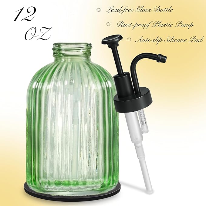 SheeChung Green Glass Soap Dispenser, 12 Oz Liquid Hand Soap Dispenser with Pump, Refillable Lotion Dish Soap Dispenser for Kitchen, Stripes Shampoo Bottle, Bathroom Countertop (Black Pump, 2 Pack)