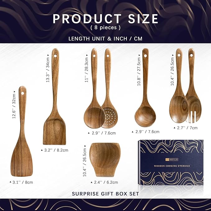 Wooden Spoons for Cooking, Nonstick Cooking Utensil Set with 7 Piece Acacia Wooden Spatulas and Spoons, as well as a Extra Whole Wood Spoon Rest, Terrific for Everyday Kitchen Tasks - Image 2