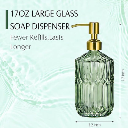 COHOSEGE 17 Oz Green Glass Kitchen Soap Dispenser for Dish Soap, 2 Pack Bathroom Soap Dispenser Set with Gold Rust Proof Pump for Lotion, Hand soap or Body Wash - Image 6