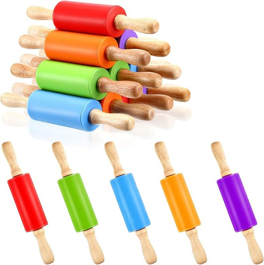 10Pcs 9 Inch Silicone Small Rolling Pin for Kids Wooden Rolling Pins for Baking Mini Silicone 5 Colors Wooden Handle Rolling Pin for Kitchen Cake Baking Cookie by TINSKY