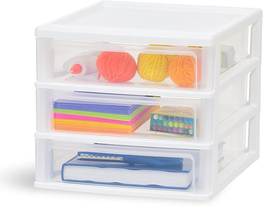 IRIS USA Medium 3-Drawer Stacking Desktop Organizer, 1 Pack, Plastic Drawer Storage Container for Stationery Art Craft Supplies Kitchen Office Garage and Small Business Organization, White