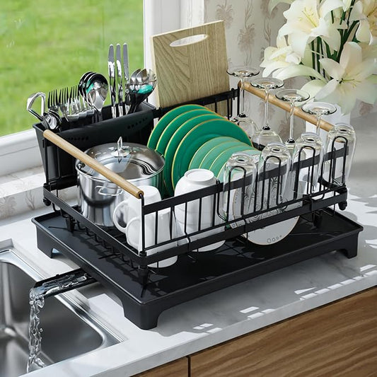 Dish Rack with Drainboard Large Capacity Anti-Rust Kitchen Counter Organizer with Cup, Utensil & Cutting Board Holders, Heavy Duty Dish Drying Rack for Dishes, Spoons and Forks