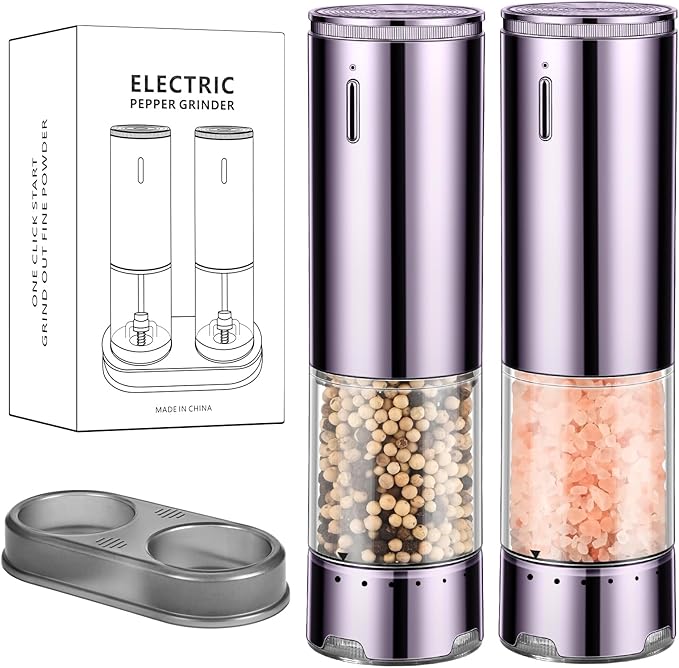 Rechargeable Salt & Pepper Grinder Set - Electric Automatic Grinder, Adjustable Coarseness, LED Light, One-Hand Operation, Stainless Steel & Acrylic, USB Charging, Purple (Set of 2)
