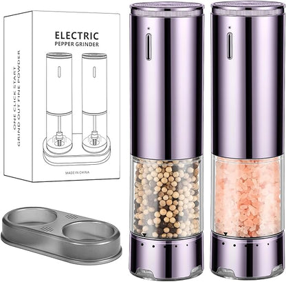 Rechargeable Salt & Pepper Grinder Set - Electric Automatic Grinder, Adjustable Coarseness, LED Light, One-Hand Operation, Stainless Steel & Acrylic, USB Charging, Purple (Set of 2)