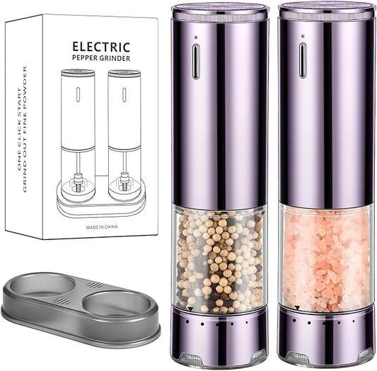 Rechargeable Salt & Pepper Grinder Set - Electric Automatic Grinder, Adjustable Coarseness, LED Light, One-Hand Operation, Stainless Steel & Acrylic, USB Charging, Purple (Set of 2)