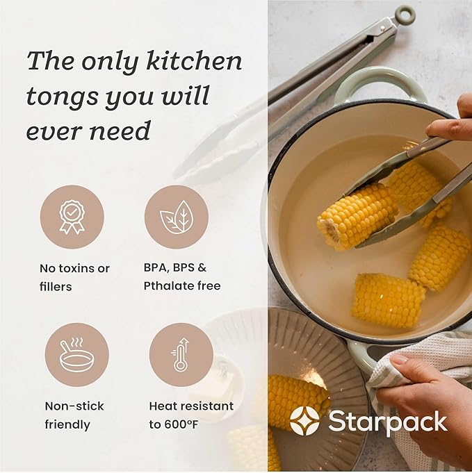 Starpack 'Get a Grip' Silicone Kitchen Tongs for Cooking (2Pcs) - BBQ Tongs for Grill Heat Resistant to 600°F - Stainless Steel Kitchen Utensils w/Non Stick Silicone Tips - 9",12" for Serving Food - Image 2