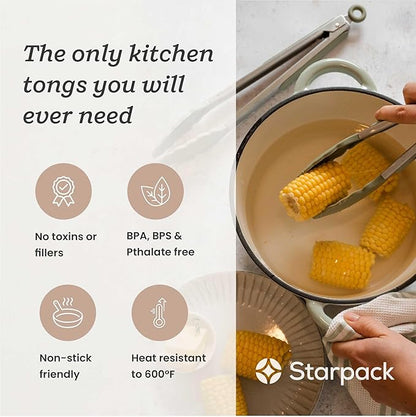 Starpack 'Get a Grip' Silicone Kitchen Tongs for Cooking (2Pcs) - BBQ Tongs for Grill Heat Resistant to 600°F - Stainless Steel Kitchen Utensils w/Non Stick Silicone Tips - 9",12" for Serving Food - Image 2