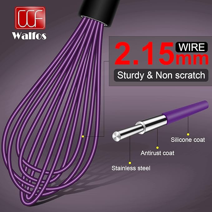Walfos Whisk, Silicone Whisks Set of 5, Mini Stainless Steel Whisk 7+5in & Non Scratch Coated 7+9+11in Whisks, Suitable for Blending, Whisking, Beating, Frothing & Stirring. (Purple) - Image 3
