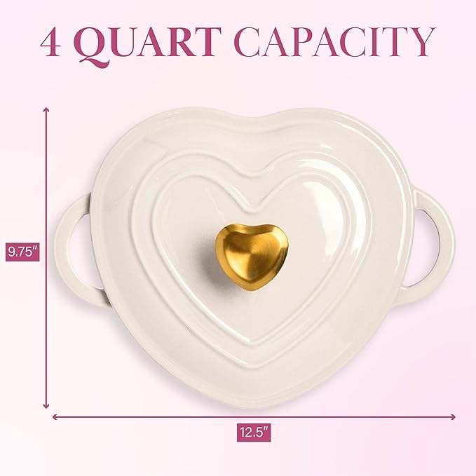 Paris Hilton Enameled Cast Iron Dutch Oven Heart-Shaped Pot with Lid, Dual Handles, Works on All Stovetops, Oven Safe to 500°F, 4-Quart, Cream - Image 2