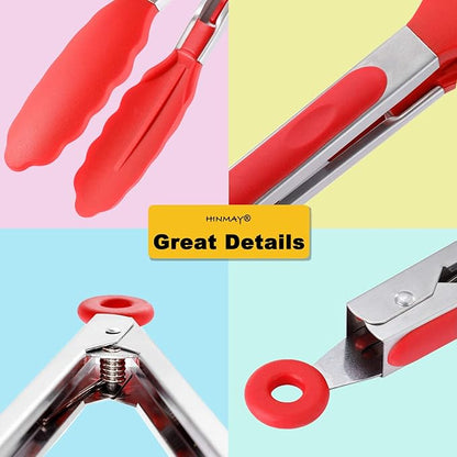 HINMAY Silicone Cooking Tongs 9-Inch Serving Tongs, Set of 3 (Red) - Image 4