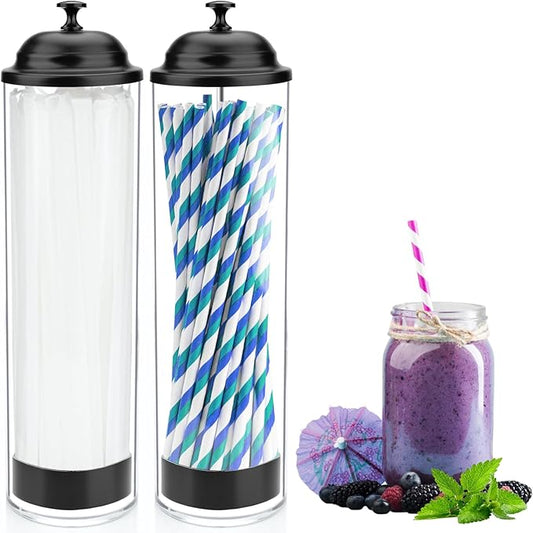 13.5 inch Straw Holder for Standard& Long Bended Size Drinking Straws, Acrylic Plastic Straw Dispenser for Counter with Lid Black Pack of 2(Straws Not Include)