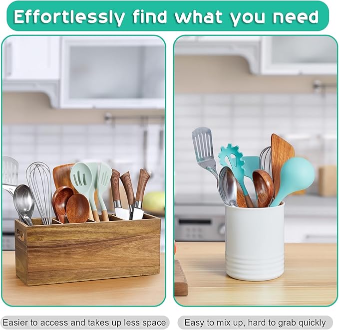 ALELION Acacia Wood Utensil Holder with Removable Divider - 4 Compartment Wooden Utensil Caddy Organizer for Kitchen Counter - Cooking Utensil Crock for Countertop - Image 6