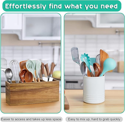 ALELION Acacia Wood Utensil Holder with Removable Divider - 4 Compartment Wooden Utensil Caddy Organizer for Kitchen Counter - Cooking Utensil Crock for Countertop - Image 6