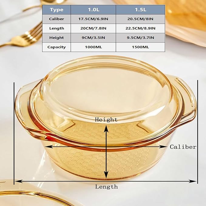 Amber Borosilicate Glass Casserole Dish with Lid - 1.5 Qt Round Baking Dish with Handles - Heat Resistant Cookware for Oven, Microwave, Dishwasher & Freezer