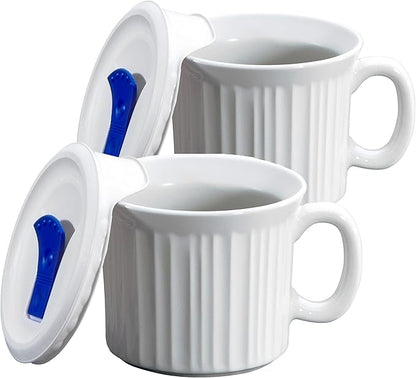 CorningWare 2-Pack 20oz Ceramic Meal Mugs with BPA-Free Vented Lids, French White by CorningWare