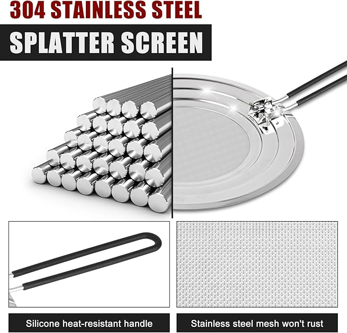 Stainless Steel Splatter Screen for Frying Pan - Grease Splatter Guard with Folding Handle - Cover Oil Splash from Bacon, Oil, or Deep Fryer - Food Strainer and Universal Cookware - Image 2