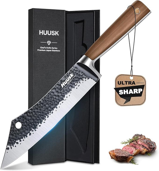 Huusk Grilling Gifts for Men Meat Cleaver Butcher Knife Hand Forged High Carbon Japanese Viking Carving Knives for Slicing BBQ 8.3 inch by HuuskKnife