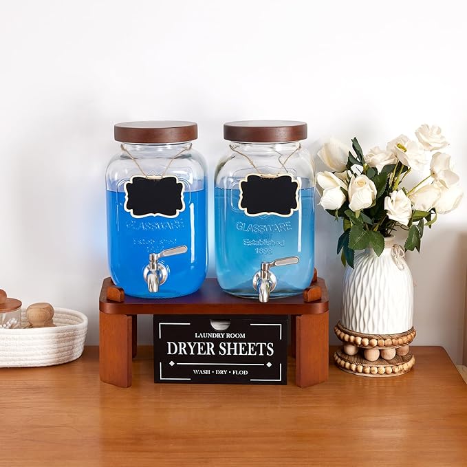 2PCS Large Drink Dispensers for Parties,Glass Beverage Dispenser with Wood Stand,Lemonade Drink Dispenser with Stainless Steel Spigot for Fridge,Water, Juice,Punch,Cocktails,Ice Tea & Sun Tea - Image 8