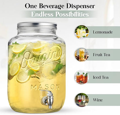 2 PACK-2 GALLON Drink Dispensers for Parties, Drink Dispensers for Parties, Original Mason Beverage Dispensers with Stand, Glass Water Jug Dispenser, 100% Leakproof Spigot