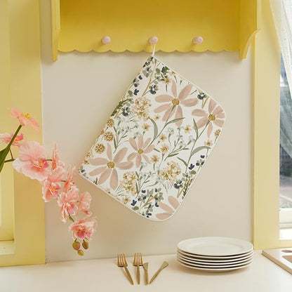 Floral Dish Drying Mat 18x24 Inch Vintage Pink Green Daisy Flower Drying Mat Boho Spring Summer Seasonal Absorbent Dish Drying Pad Dish Rack Drainer Mats for Kitchen Dining Counter